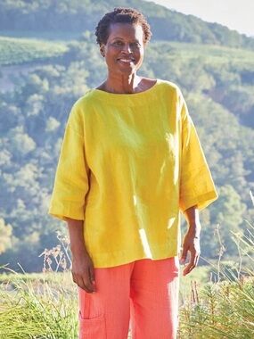 bryn Walker Yellow 100% Linen The Resort Baggy 3/4 Sleeve Shirt